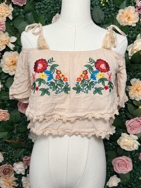 Beige Embroidered Floral Off-Shoulder Crop Top with Tassel Tie Straps